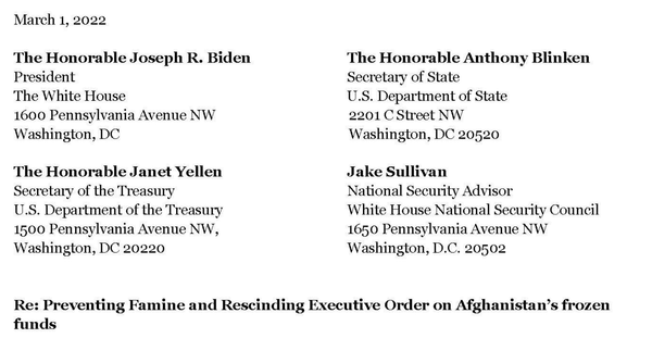 Sign-On Letter: Preventing Famine and Rescinding Executive Order on Afghanistan’s frozen funds